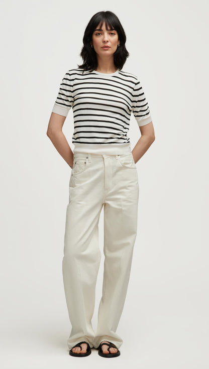 Fine Knit Shortsleeve in Wool Silk | White/Black Stripe