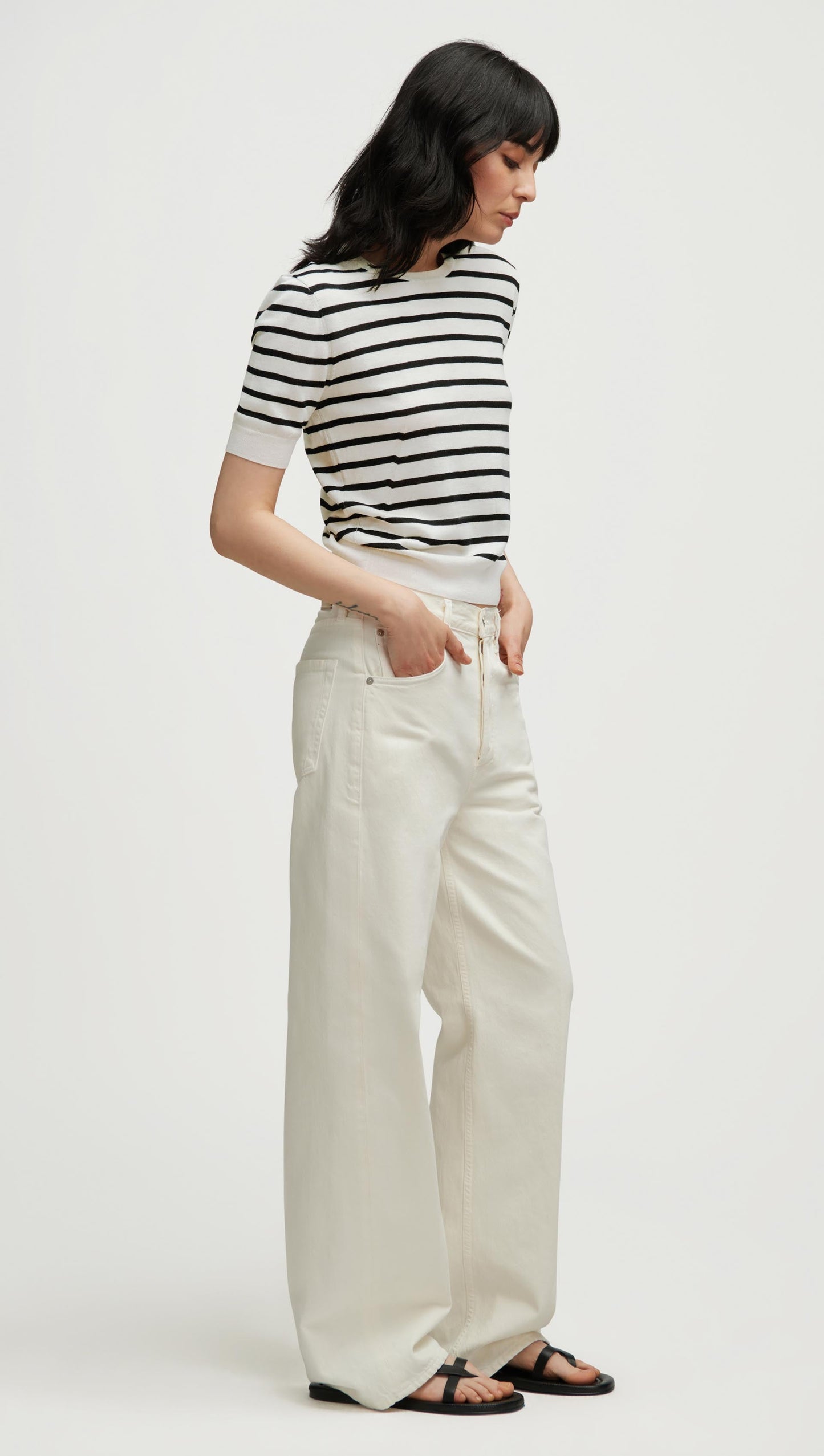 Fine Knit Shortsleeve in Wool Silk | White/Black Stripe
