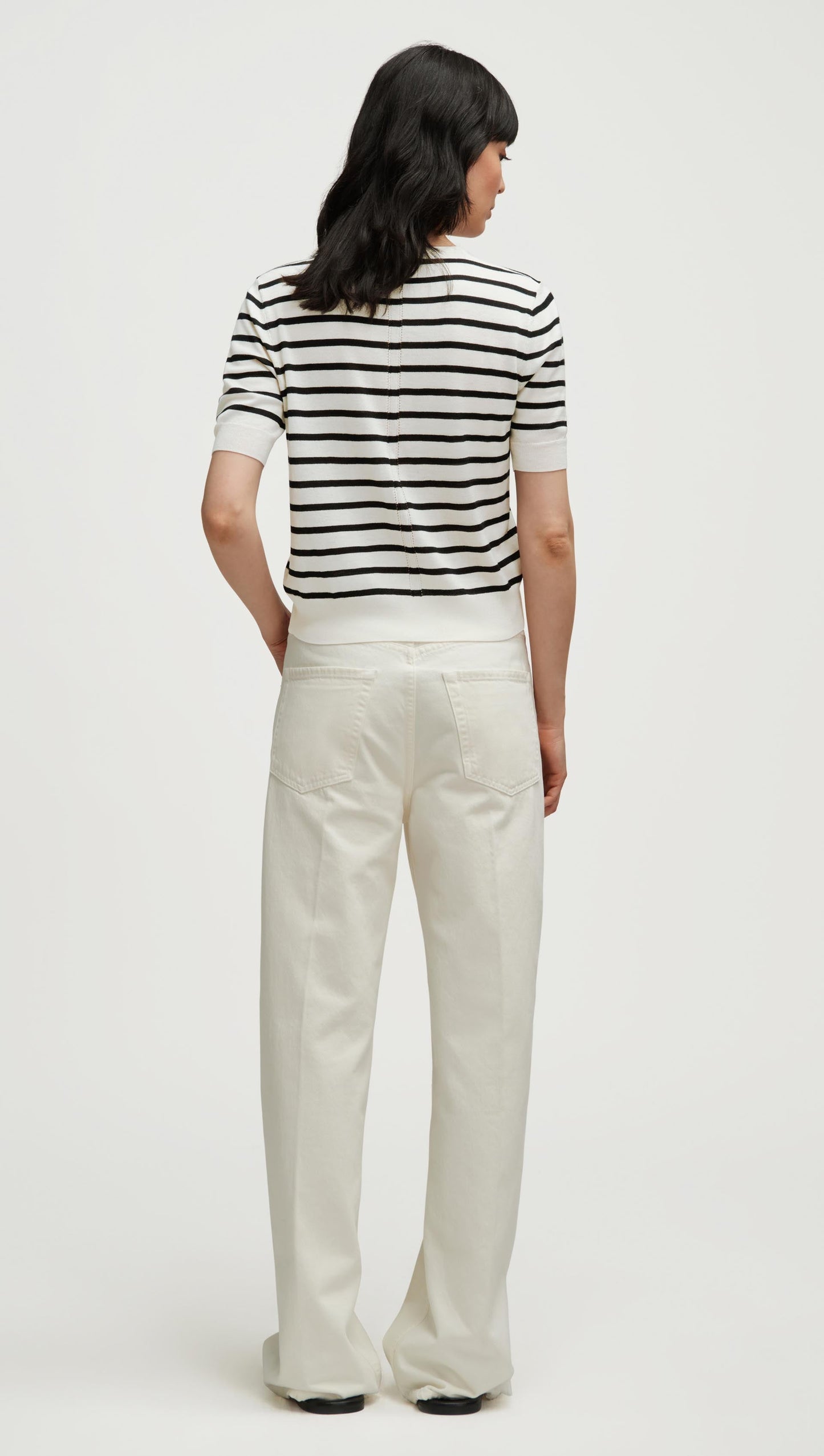 Fine Knit Shortsleeve in Wool Silk | White/Black Stripe