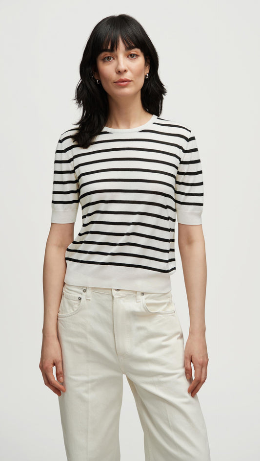 Fine Knit Shortsleeve in Wool Silk | White/Black Stripe