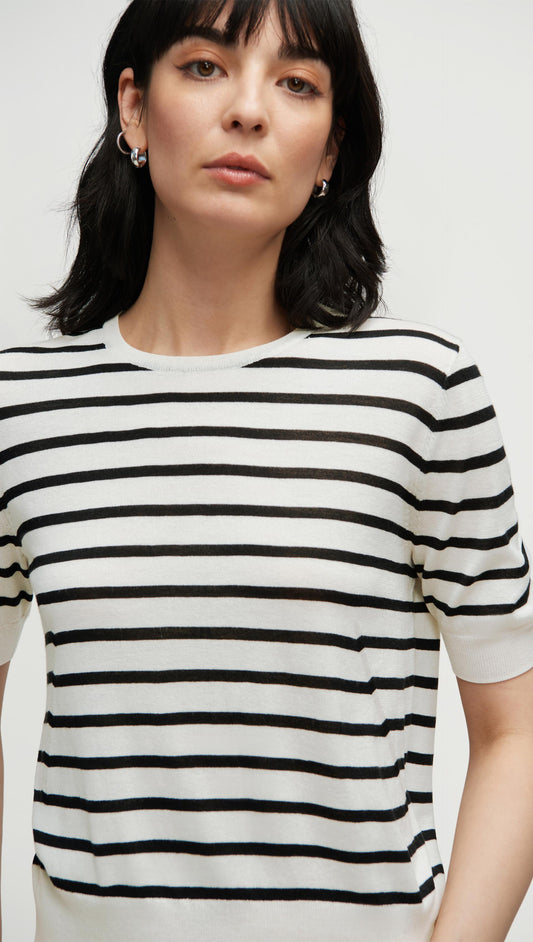 Fine Knit Shortsleeve in Wool Silk | White/Black Stripe