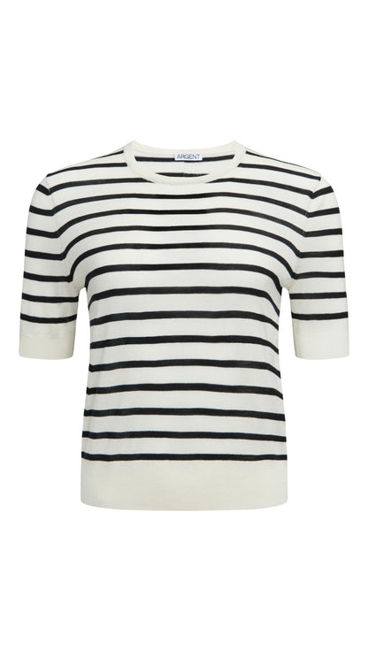 Fine Knit Shortsleeve in Wool Silk | White/Black Stripe