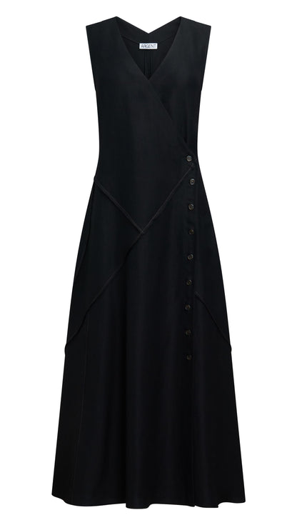 Patchwork Dress in Viscose Linen Twill | Black