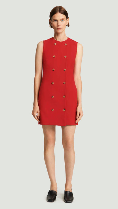 Mini Double-Breasted Dress in Heavy Wool Twill | Ruby Red