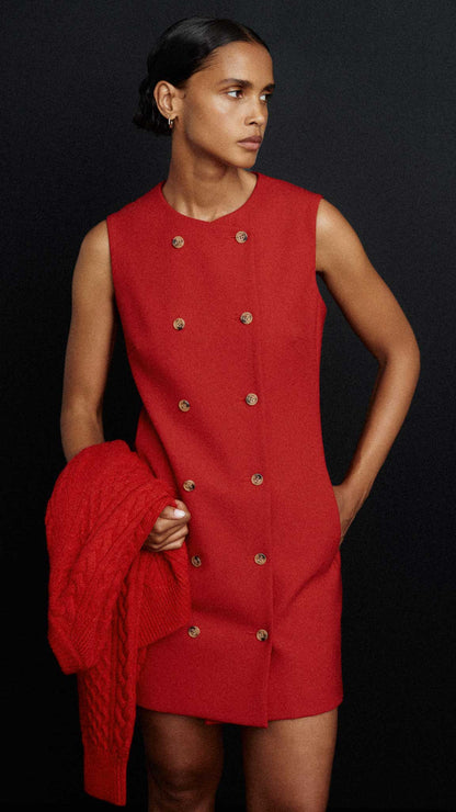 Mini Double-Breasted Dress in Heavy Wool Twill | Ruby Red