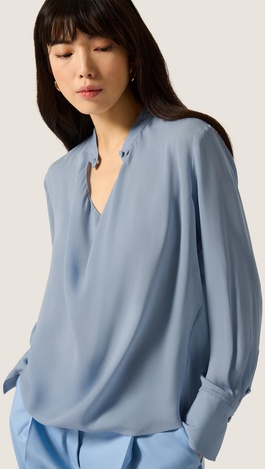 Cowl Neck Blouse in Double Georgette | Tufts Blue