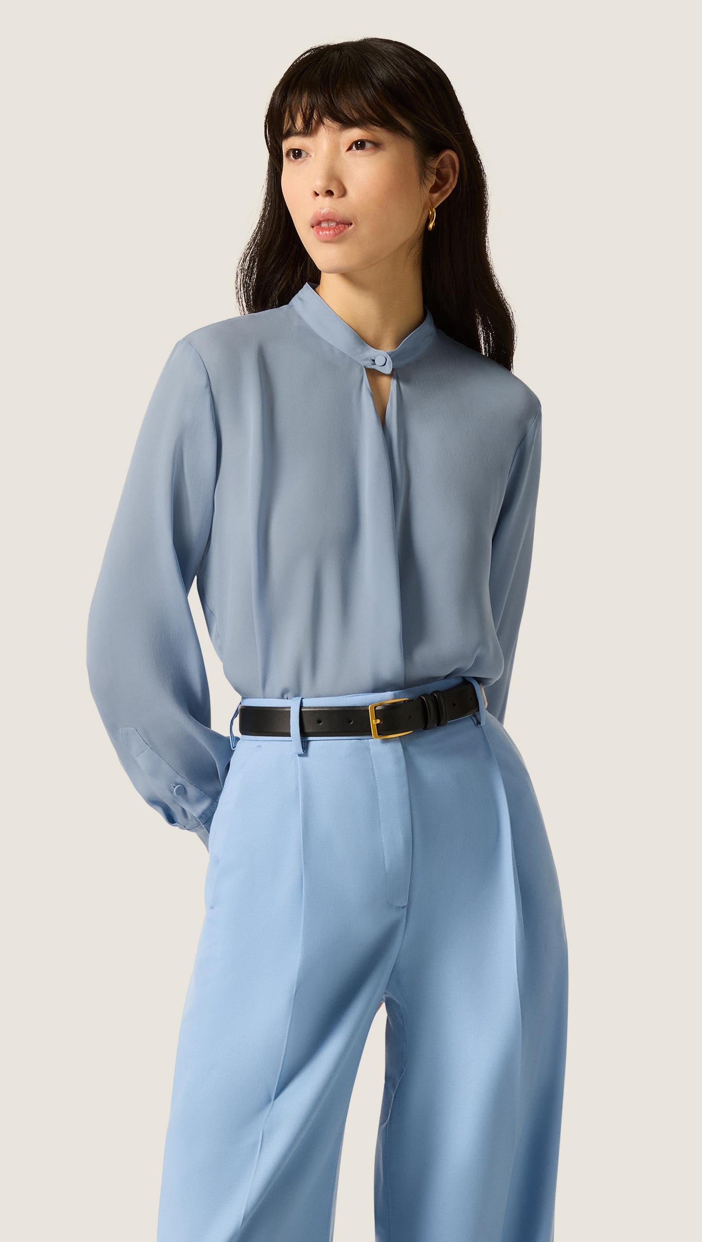 Cowl Neck Blouse in Double Georgette | Tufts Blue