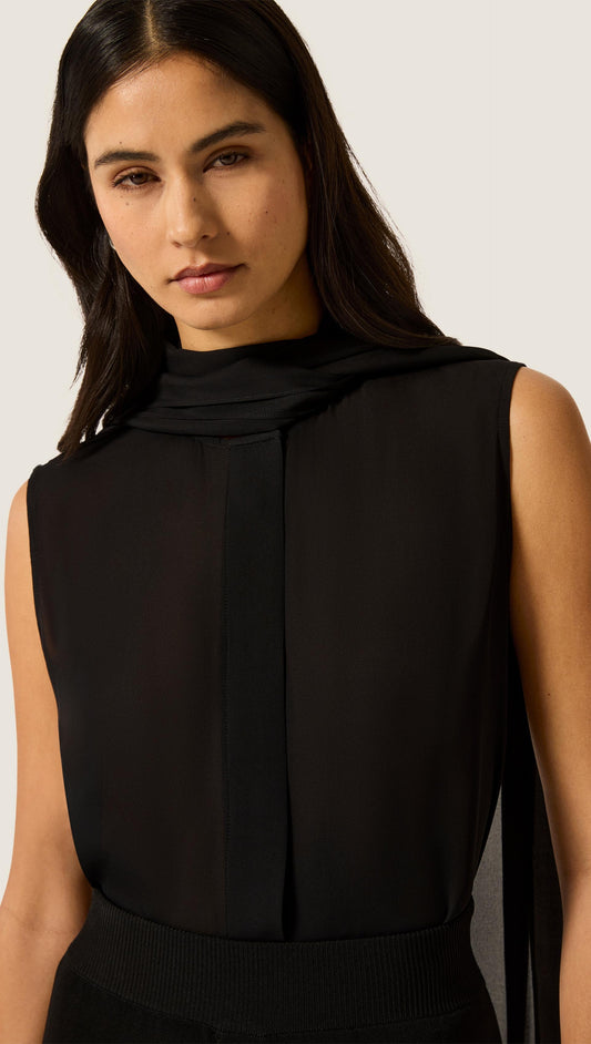Sleeveless Bow Blouse in Silk Double Georgette | Black