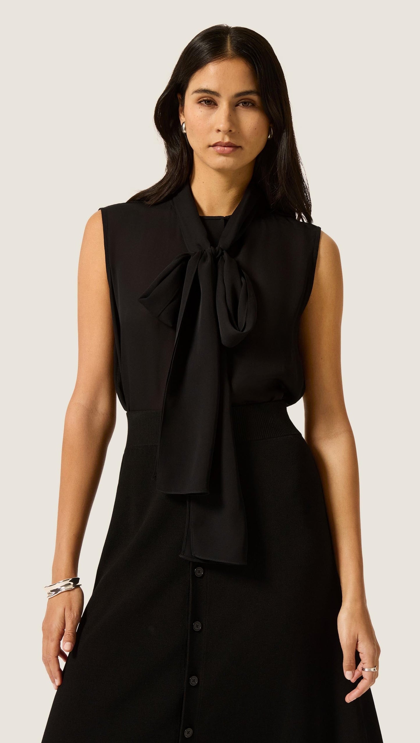 Sleeveless Bow Blouse in Silk Double Georgette | Black