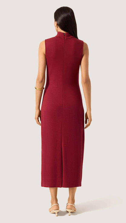 Sleeveless Mock Neck Dress in Wool Jersey | Maroon