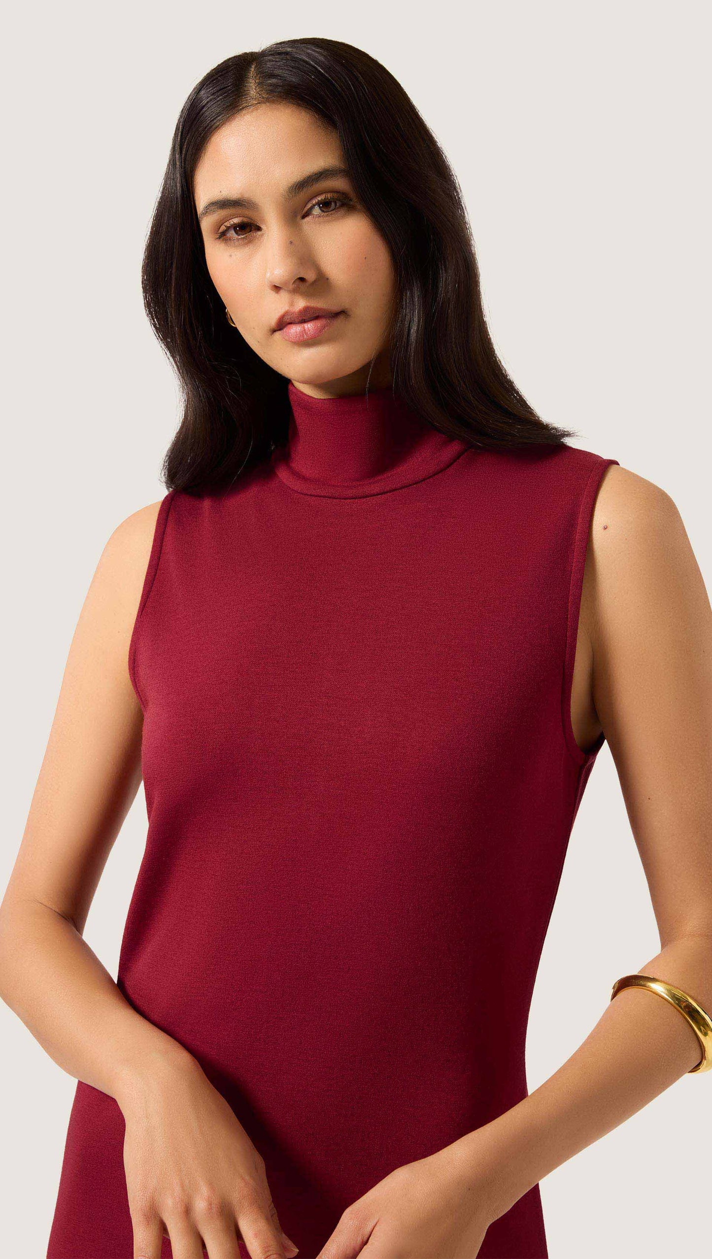 Sleeveless Mock Neck Dress in Wool Jersey | Maroon