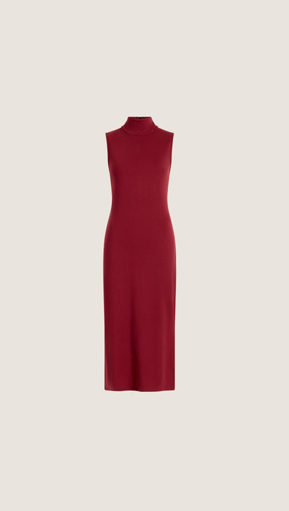 Sleeveless Mock Neck Dress in Wool Jersey | Maroon