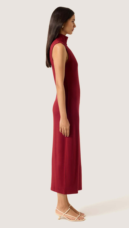 Sleeveless Mock Neck Dress in Wool Jersey | Maroon