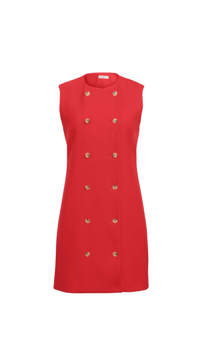 Mini Double-Breasted Dress in Heavy Wool Twill | Ruby Red